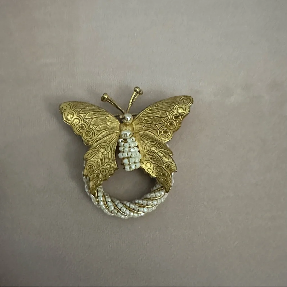 Vintage Miriam Haskell Signed Butterfly Brooch | Textured Gold Seed Pearl Pin